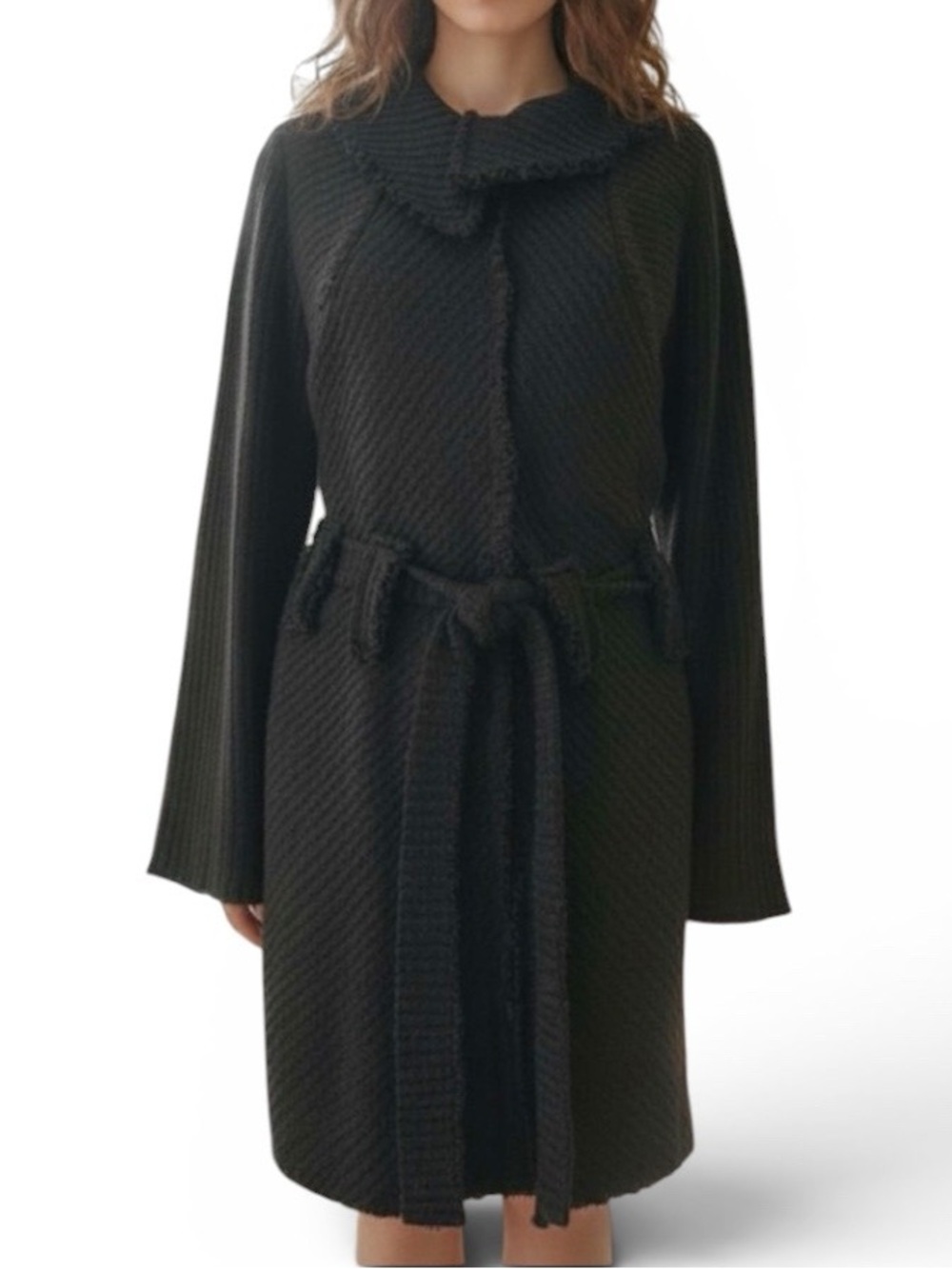 Poleci Belted Waist Ribbed Sweater Jacket  Black